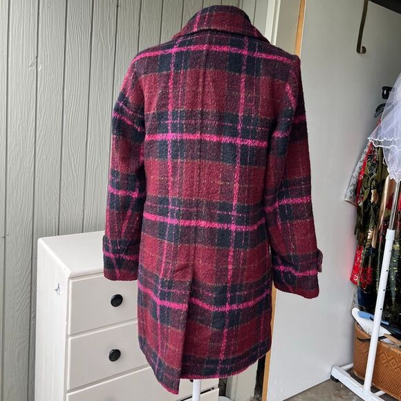 Sam Edelman Pink Red Plaid Coat | Wool Blend Double Breasted Peacoat - Picture 3 of 12
